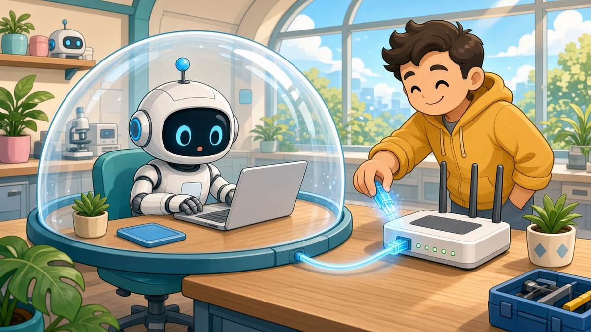 Bright comic illustration of a friendly robot working on a laptop under a glass dome while a smiling engineer unplugs a network cable from a router