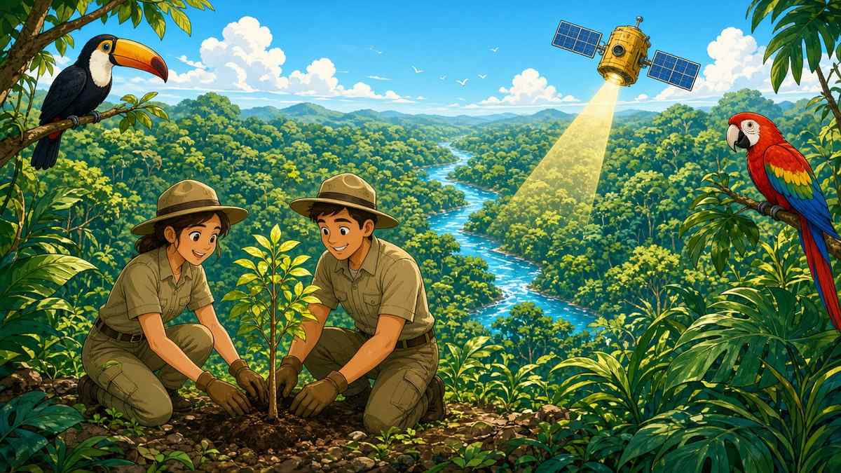 Bright comic illustration of two smiling forest rangers planting a sapling above a sunlit rainforest river, with a toucan, a macaw and a small satellite in the sky