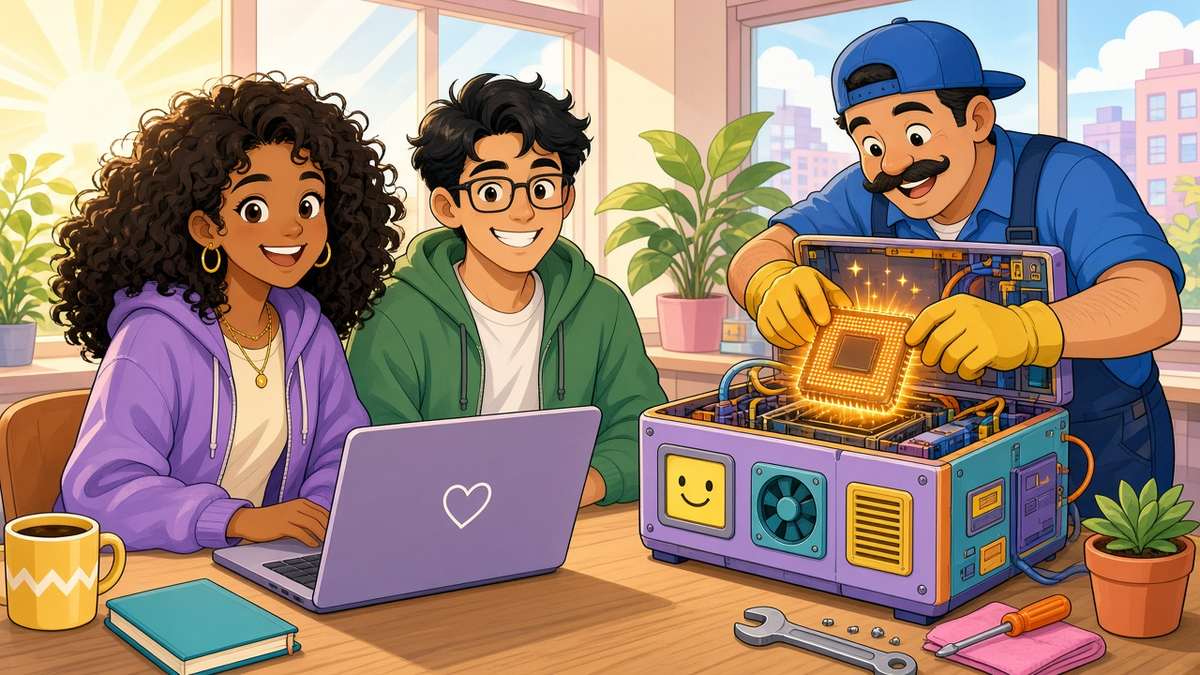 Bright comic illustration of two smiling developers at a laptop while a cheerful mechanic swaps a glowing chip into a colourful server box in a sunny office