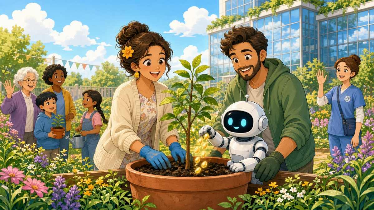 Bright comic illustration of a smiling woman, a bearded man and a friendly white robot planting a young tree in a sunny community garden while neighbours wave