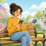 Bright comic illustration of a cheerful young woman on a sunny park bench flipping a big toggle switch beside her phone, turning a swirl of video cards into a calm stream of friend bubbles
