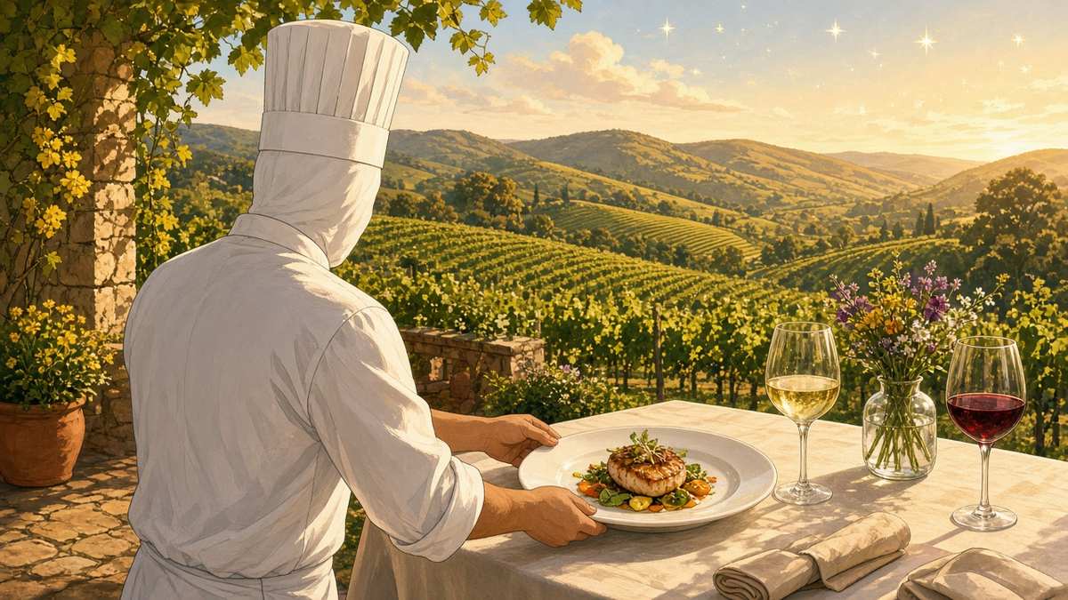 Bright comic illustration of a smiling chef presenting a fine-dining plate with little sparkling stars on a sunny vineyard terrace
