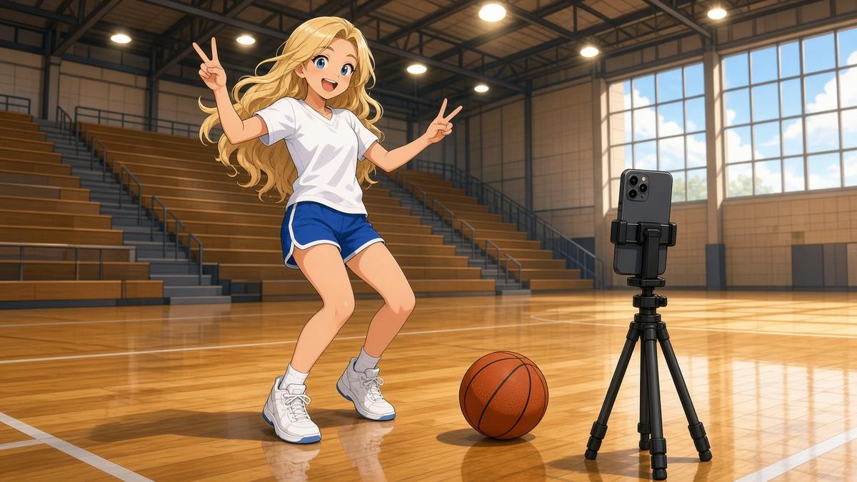 Comic illustration of a cheerful blonde basketball player dancing on an indoor court in sneakers and a jersey