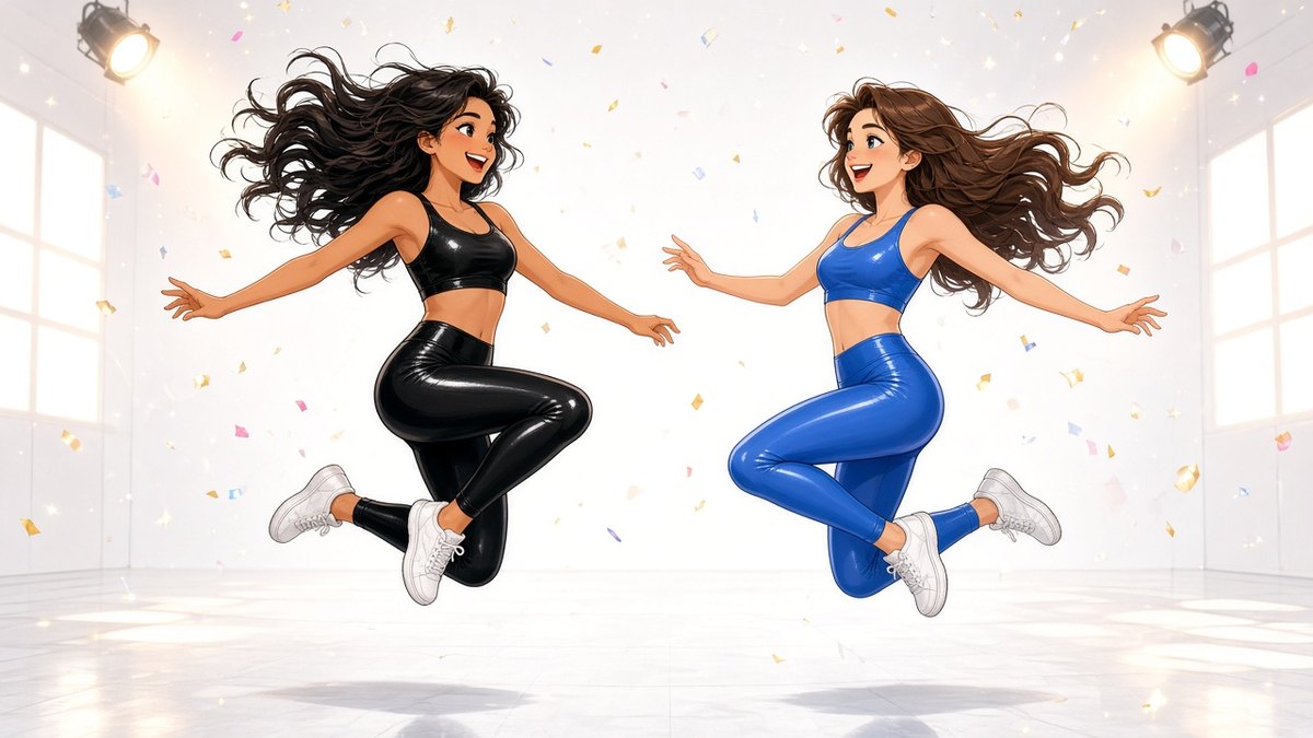 Comic illustration of two cheerful dancers in glossy black and blue outfits leaping in a bright white studio