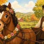 Bright comic illustration of a happy cartoon horse with a flower garland and a smiling carriage driver facing the viewer in a sunny green park with autumn trees