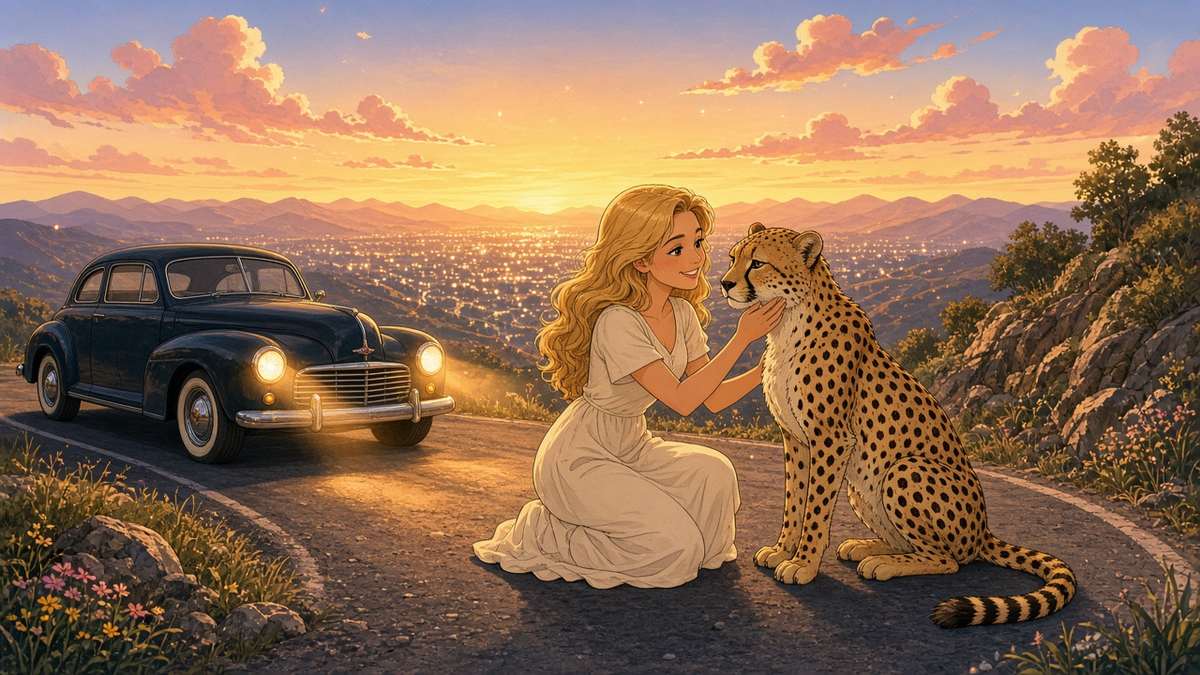 Comic illustration of a smiling woman kneeling beside a friendly cheetah on a winding mountain road above city lights