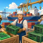Bright comic illustration of three smiling port and factory workers loading crates of glowing green circuit boards onto colourful shipping containers at a sunny harbour