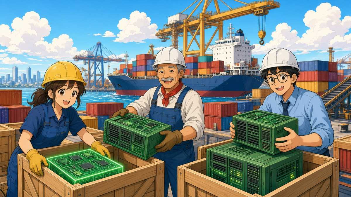Bright comic illustration of three smiling port and factory workers loading crates of glowing green circuit boards onto colourful shipping containers at a sunny harbour