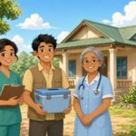 Bright comic illustration of three smiling health workers with a clipboard and a cooler box standing in front of a small green-roofed village clinic on a sunny day