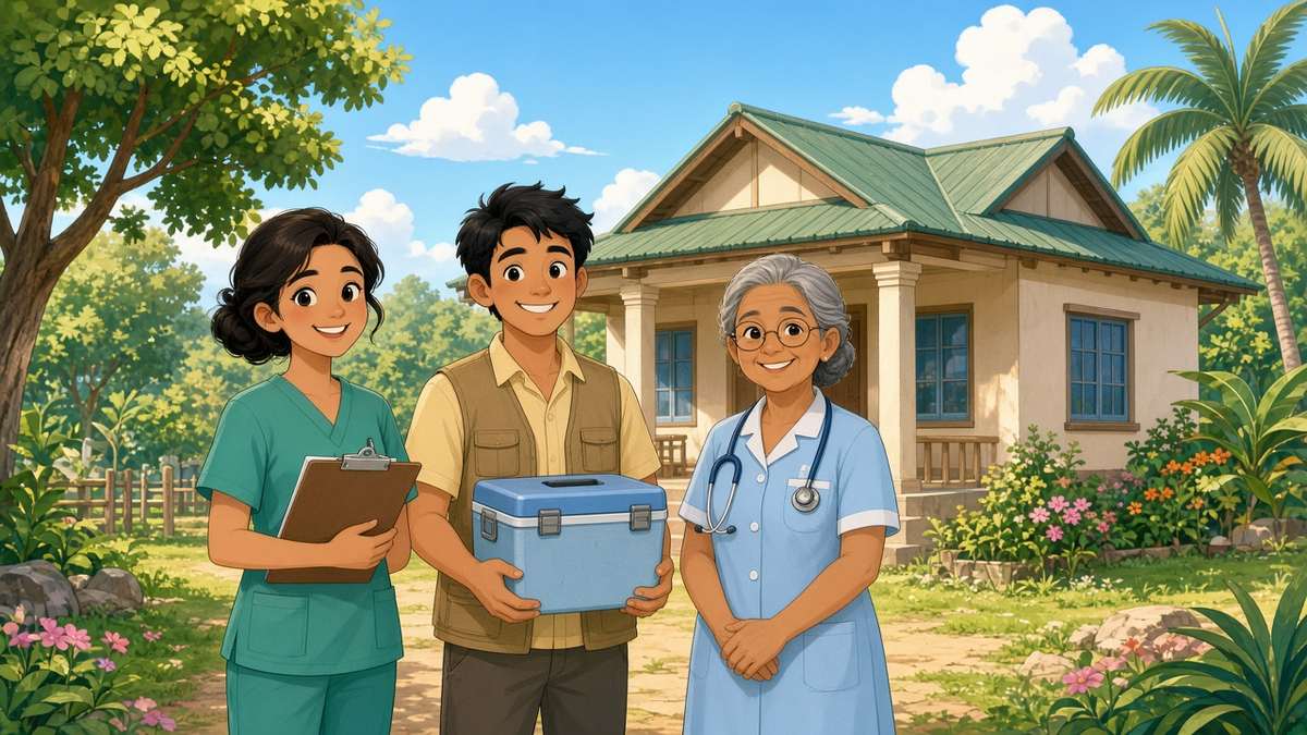 Bright comic illustration of three smiling health workers with a clipboard and a cooler box standing in front of a small green-roofed village clinic on a sunny day