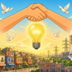 Bright comic illustration of two hands shaking above a glowing light bulb over a sunny city with a power plant and white doves
