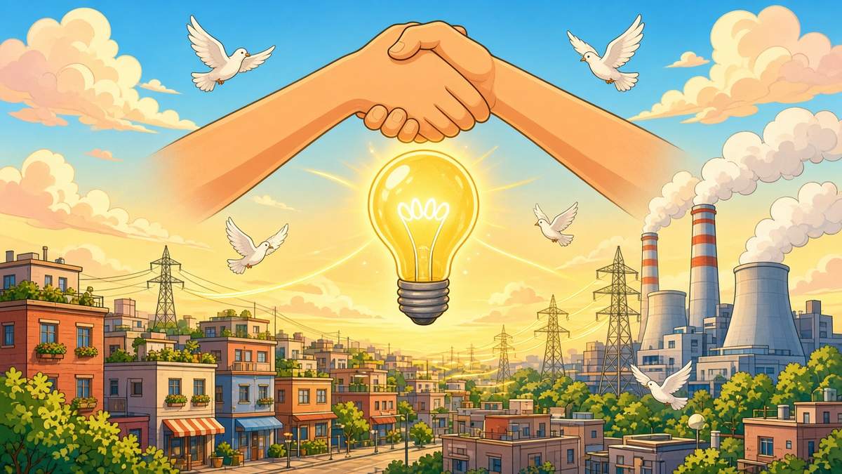 Bright comic illustration of two hands shaking above a glowing light bulb over a sunny city with a power plant and white doves