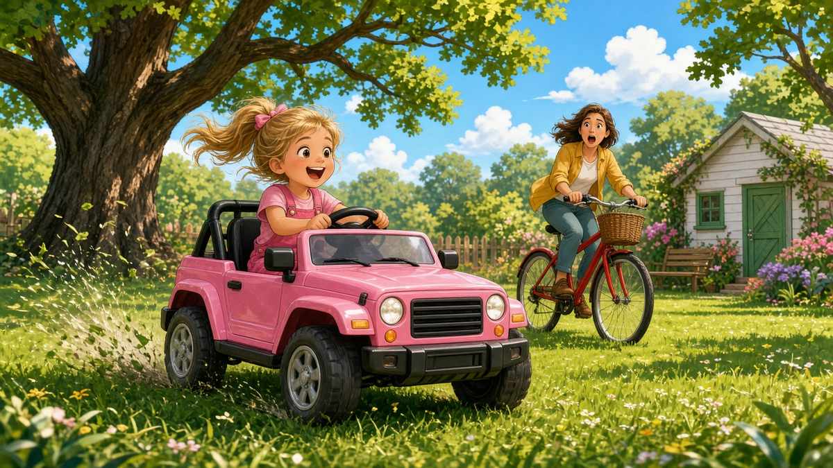 Comic illustration of a little girl racing a pink toy jeep across a sunny lawn while a parent chases on a bicycle