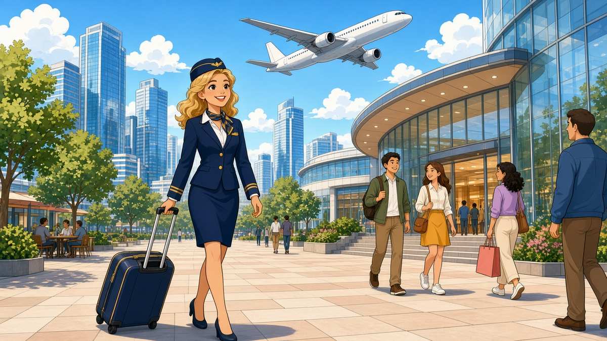 Comic illustration of a smiling flight attendant in a navy uniform strolling through a sunny city plaza with her suitcase