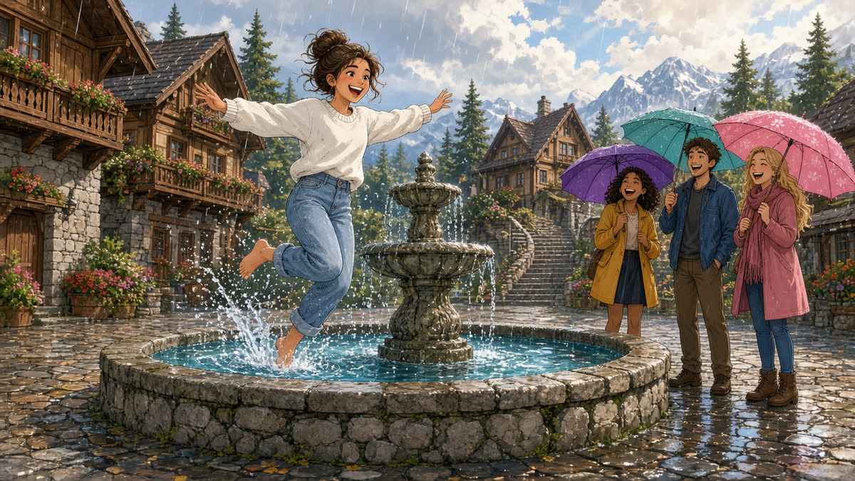 Comic illustration of a laughing young woman leaping into a stone fountain in a rainy alpine village square