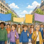 Bright comic illustration of smiling students, parents and workers marching together with blank colourful banners down a sunny tree-lined French boulevard