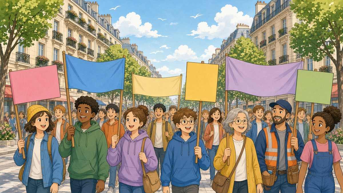 Bright comic illustration of smiling students, parents and workers marching together with blank colourful banners down a sunny tree-lined French boulevard