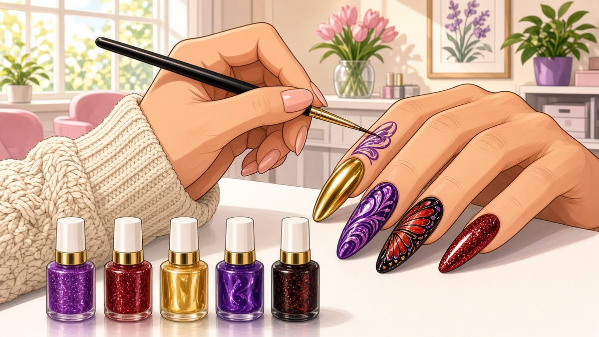 Comic illustration of a nail artist painting colourful glossy designs on long elegant nails in a bright salon