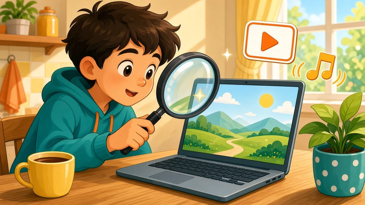 Bright comic illustration of a person checking a photo with a magnifying glass on a laptop in a sunny room