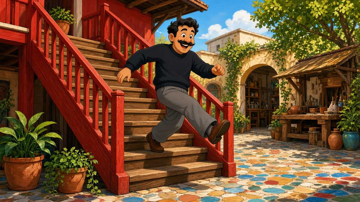Comic illustration of a cheerful man dancing down a red-railed staircase in a sunny workshop yard