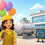 Bright comic illustration of a smiling engineer holding colorful balloons next to a silver gas tank, a friendly cartoon microchip and a sunny chip factory