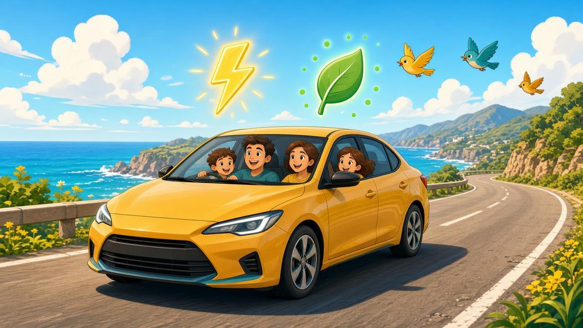 Bright comic illustration of a friendly hybrid car with soft electric and fuel icons on a sunny coastal road
