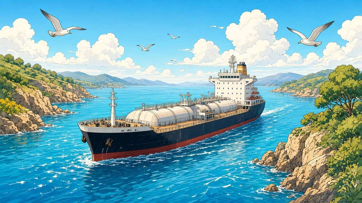 Bright comic illustration of a friendly cartoon cargo ship sailing on a calm blue sea under a sunny sky