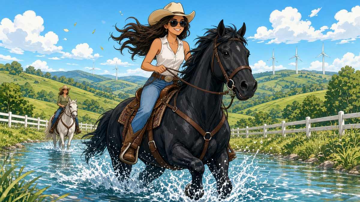 Comic illustration of a confident rider in sunglasses galloping a horse through a splashing stream in green hills
