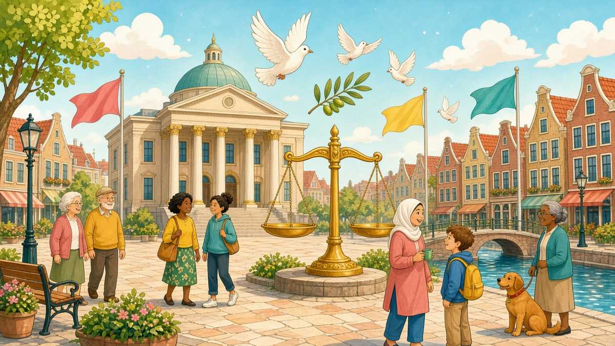 Bright comic illustration of a courthouse on a sunny canal square with golden scales of justice and white doves