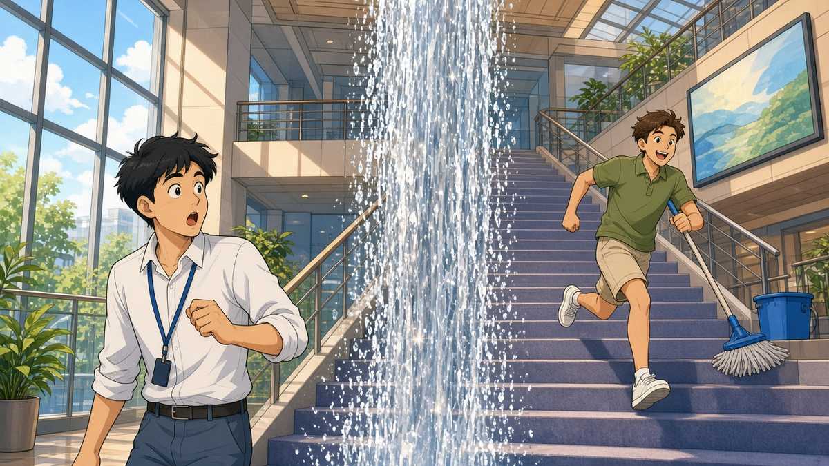 Comic illustration of water cascading down a modern office staircase while surprised staff watch from the landing
