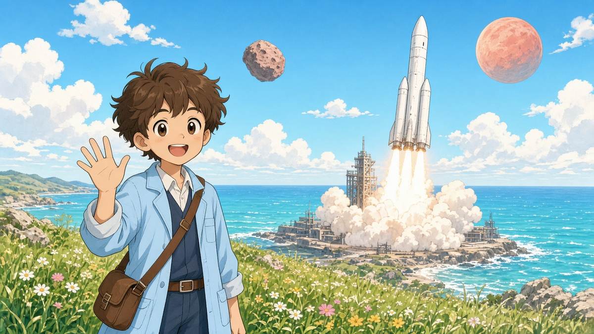 Bright comic illustration of a cheerful young scientist waving at a white rocket lifting off from a sunny seaside launch pad, with a small red moon drawn in the blue sky