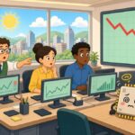 Bright comic illustration of surprised office traders in a sunny trading room looking at a falling red arrow on a big screen, with a dizzy cartoon microchip on a desk