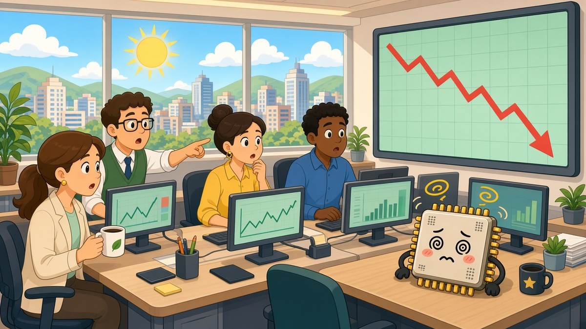 Bright comic illustration of surprised office traders in a sunny trading room looking at a falling red arrow on a big screen, with a dizzy cartoon microchip on a desk