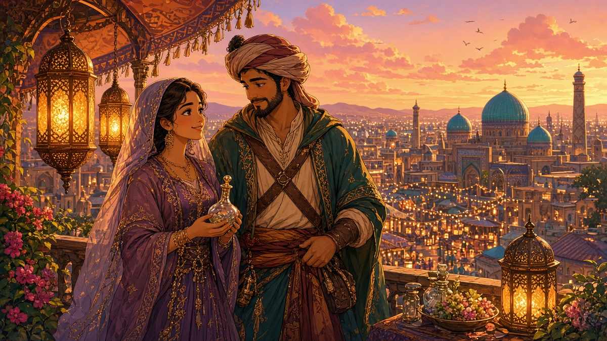 Comic illustration of a perfumer and a caravan master on a lantern-lit rooftop in Samarkand