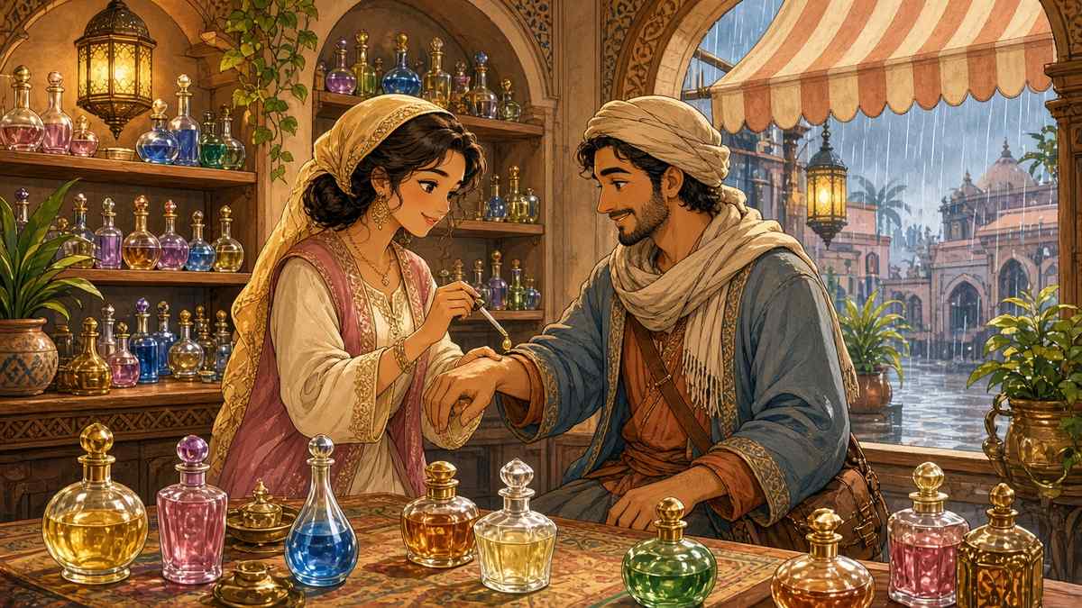 Comic illustration of a perfumer offering scented oil to a traveller in her shop