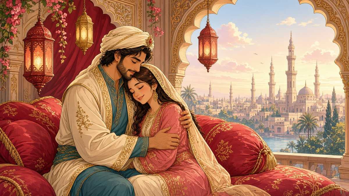 Comic illustration of a couple embracing beneath copper lanterns at night