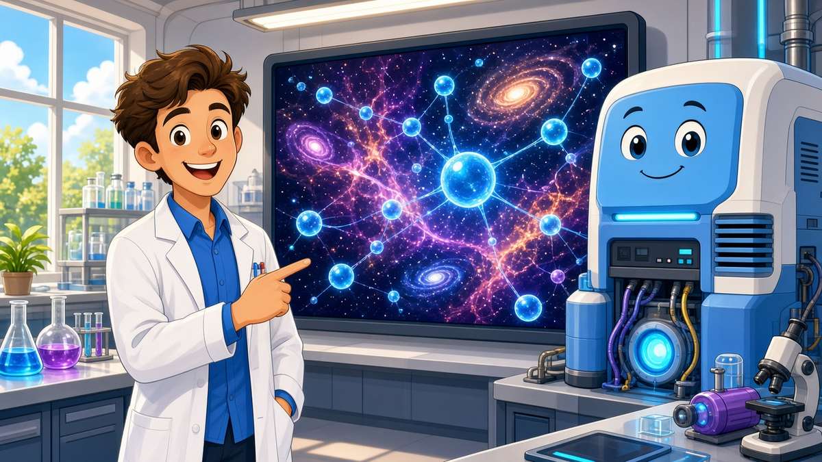 Bright comic illustration of a smiling scientist in a sunny lab pointing at a big screen showing a colorful cosmic web of galaxies next to a friendly supercomputer