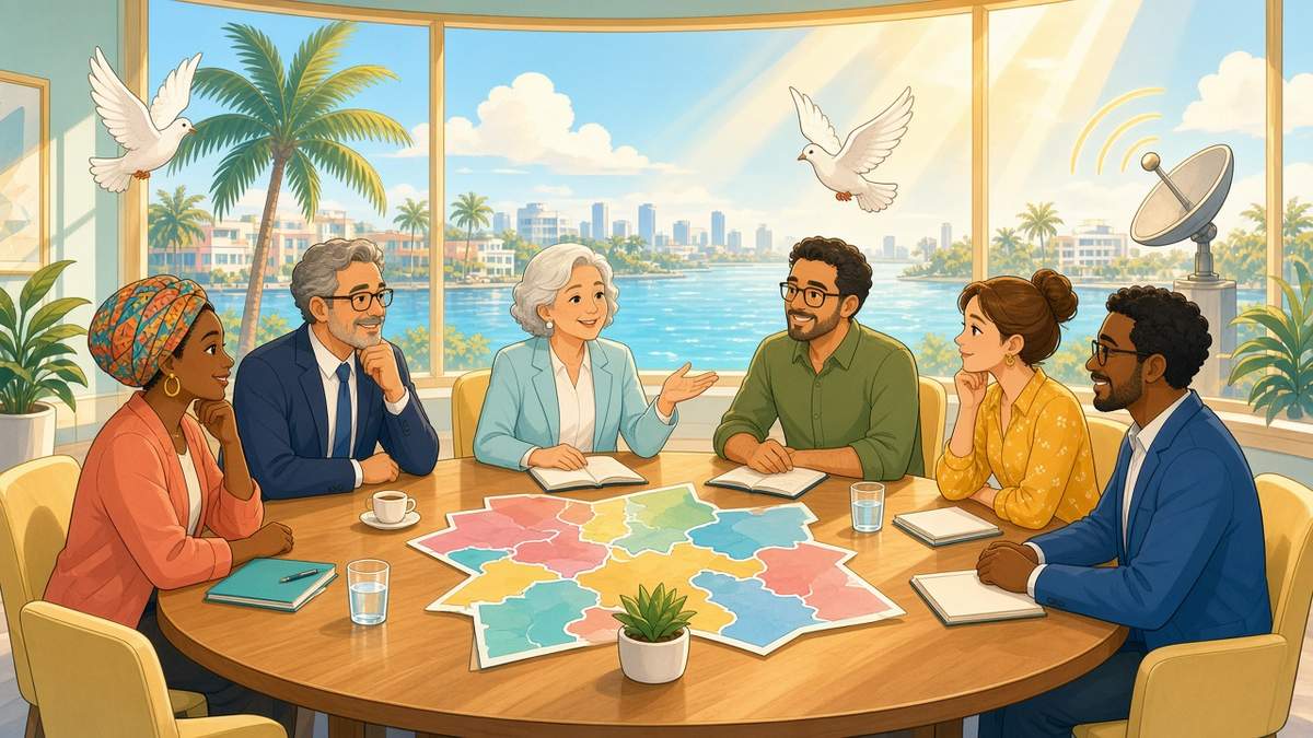 Bright comic illustration of cartoon diplomats at a sunny Miami conference table with abstract maps and peace doves