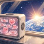 Tiny Hearts and Peppercorn-Sized Brains Head to the Space Station to Study How We Age Bright comic illustration of a small automated lab box with tiny cartoon hearts and mini brains beside a space station window overlooking Earth