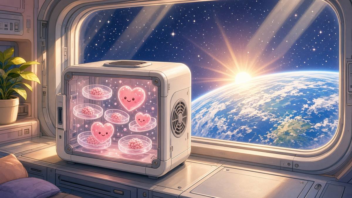 Bright comic illustration of a small automated lab box with tiny cartoon hearts and mini brains beside a space station window overlooking Earth