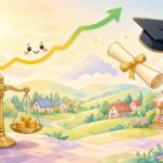 Nobel Prize in Economics Goes to Robert Hall and Michael Woodford for Rebuilding the Science of Steering Economies Bright comic illustration of friendly cartoon graphs, golden coins and an academic cap under a soft pastel daylight sky