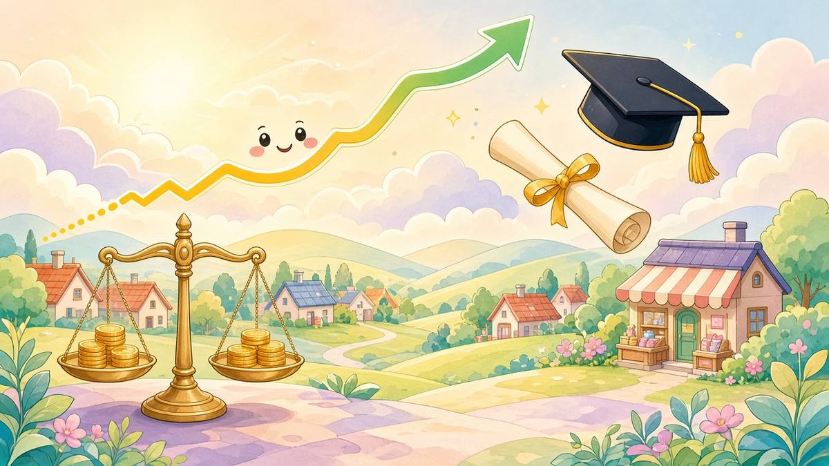 Bright comic illustration of friendly cartoon graphs, golden coins and an academic cap under a soft pastel daylight sky