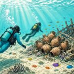 Bright comic illustration of two friendly scuba divers examining ancient clay amphorae and stone anchors on a sunny turquoise seabed near a rocky island