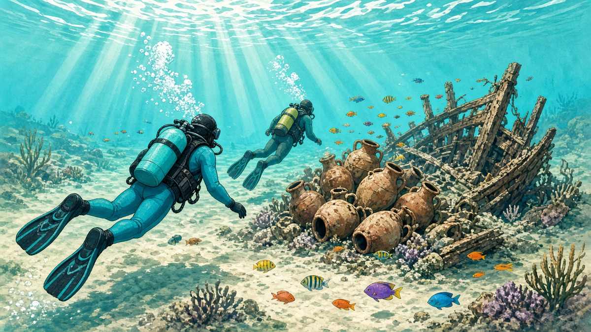 Bright comic illustration of two friendly scuba divers examining ancient clay amphorae and stone anchors on a sunny turquoise seabed near a rocky island