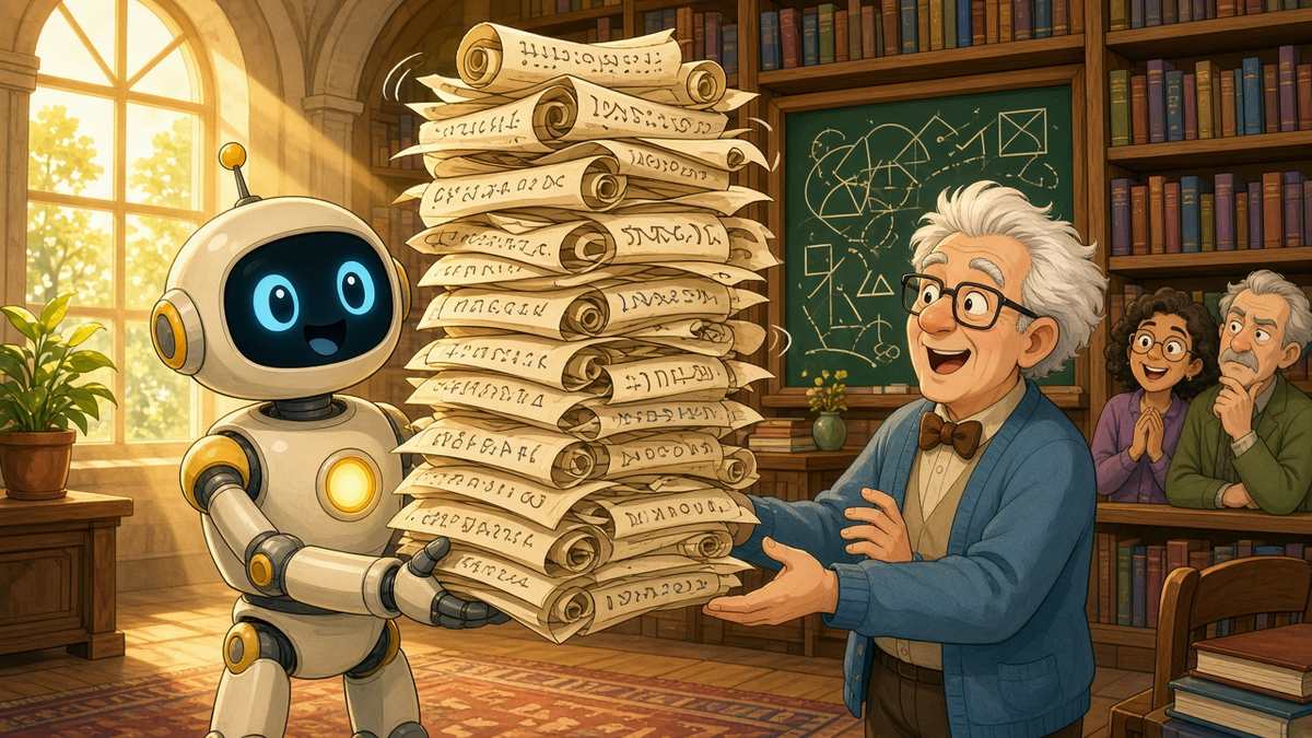 Bright comic illustration of a friendly robot and a mathematician sharing a huge stack of papers in a sunny library