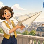 Bright comic illustration of a smiling analyst on a sunny Paris rooftop holding a large paper airplane folded from a bond certificate, with balloons and the city skyline behind