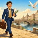 Bright comic illustration of a smiling cartoon diplomat with a briefcase and a rolled peace plan with an olive branch walking along a sunny riverside quay while a white dove flies overhead