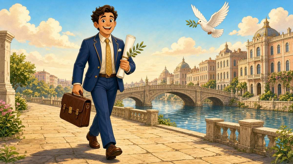 Bright comic illustration of a smiling cartoon diplomat with a briefcase and a rolled peace plan with an olive branch walking along a sunny riverside quay while a white dove flies overhead