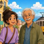Portugal's Housing Revolt Enters Its Third Week as Thousands March in Lisbon, Porto and Coimbra Bright comic illustration of a smiling young woman and a cheerful older man on a sunny Lisbon street with a yellow tram, tiled houses and people holding blank colorful banners