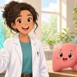 Bright comic illustration of a smiling cartoon scientist in a sunny lab holding a glowing DNA helix next to a friendly cartoon liver character, both facing the viewer